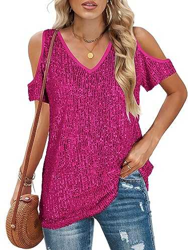 ALLTB Sequin Cold Shoulder Tops for Women Sparkly Glitter Rhinestone Shirts Party Sexy V Neck Short Sleeve Tee