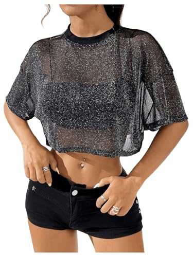 GORGLITTER Women's Sequins Mesh See Through T Shirts Crewneck Short Sleeve Rave Cropped Tops