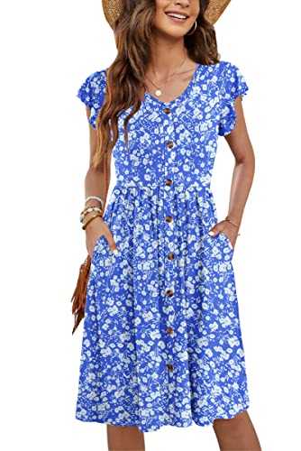 MOLERANI Damen Sommerkleider Rüschen Ärmel V-Ausschnitt Casual Swing Elastische Taille Midi Kleid mit Taschen S-2XL