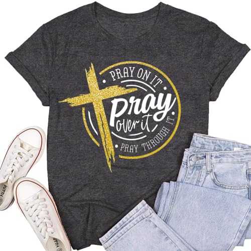 SUWATOIN Christian Shirts for Women Pray On It Over It Through It T-Shirts Blessed Christian Faith Tees