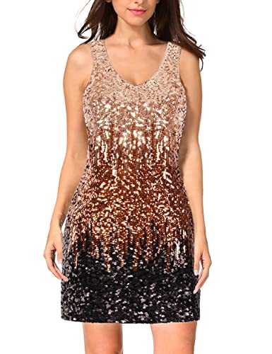 MANER Women's Sexy V Neck Sequin Glitter Bodycon Stretchy Club Mini Party Dress