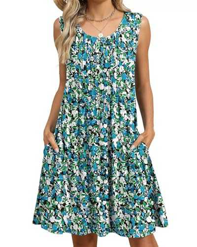 PICKLION Women's Summer Boho Dress Ladies Floral Sleeveless Tank Beach Midi Dresses with Pockets