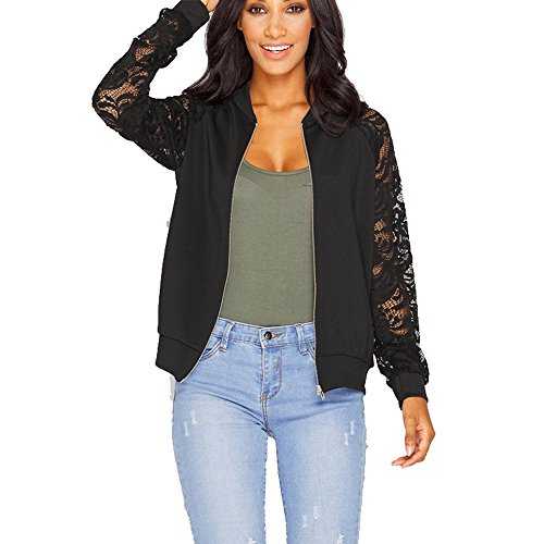 HOOUDO Coats for Women,Sale Clearance Auttum Winter Elegantes Slim Lace Patchwork Long Sleeve Zip Bomber Jacket Tops Outwear for Ladies