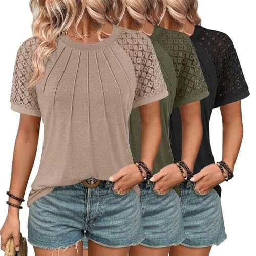 NUKELOLO 3 Pack Women's T Shirts, Short Sleeve Summer Tops 2025 Spring Trendy Lace Blouses Business Casual Clothes