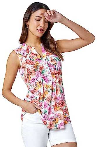 Roman Originals Pintuck Sleeveless Shirt for Women UK Ladies Summer Top Smart Blouse Stretchy Jersey T-Shirt Casual Spring Holiday Party Beach Vacation Everyday Notch Neck