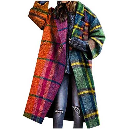 Women's Warm Overcoat Thickened Classic Long-length Color Matching Plaid Print Winter Lapel Outwear Coat with Pockets Trench Coat Women Trench Coat New Home Gifts Sale Clearance Items Under 5 Pounds