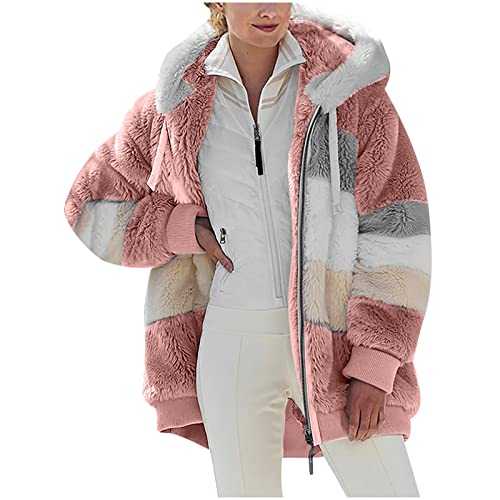 Fluffy Teddy Coat Hoodie Women Thick Fleece Jacket Cardigan with Pocket Sherpa Winter Fuzzy Hooded Coats Hoody Warm Zip up Overcoat Ladies Plus Size Hoodie Blanket Soft Jumper UK Sale Clearance