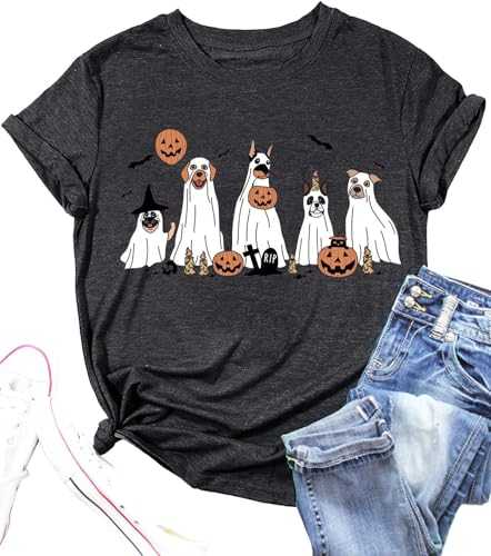QIANRUO Halloween Ghost Dog T-Shirt Women Dog Lover Gift Shirts Dog Mom Spooky Season Tee Casual Fall Short Sleeve Tops