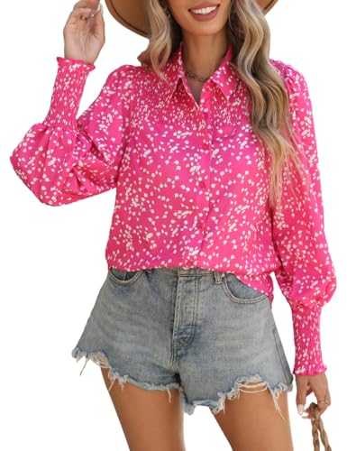CiCiBird Women Button Down Smocked Shirt Lantern Long Sleeve Blouse Casual Fashion Printed Soild Tops