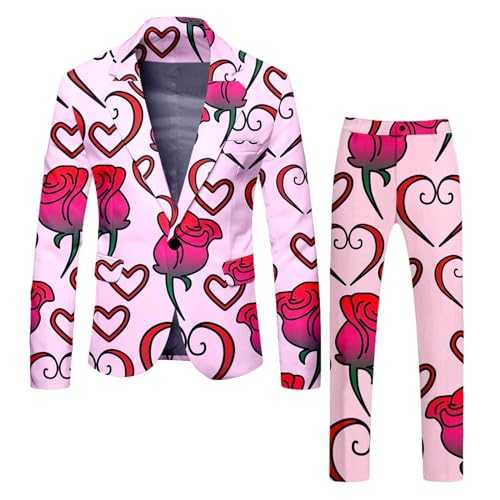 BiCophy Men's Valentine's Day Suit Sets 2 Piece Love Heart Print Long Sleeve Lapel Notch One Botton Tuxedo Jacket Flat Front Slim Fit Dress Pants Party Prom Festive Celebrate Outfits