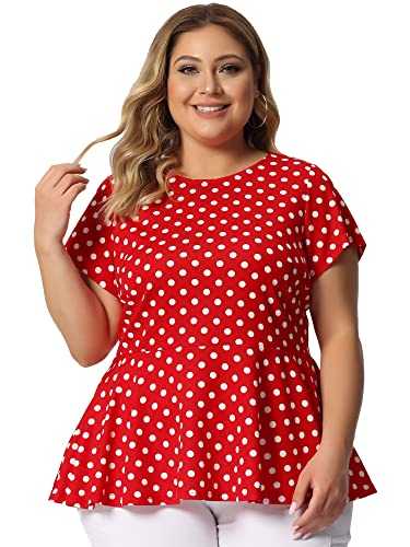 Uxcell Women's Plus Size Polka Dots Short Sleeve Summer Peplum Top