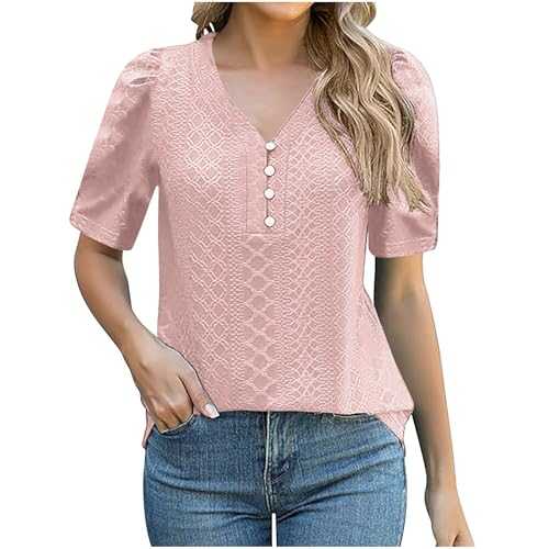 Womens V Neck Tops Short Sleeve T-Shirt Summer Tops Button Henley Shirts Hollow Out Breathable Lightweight Eyelets Blouse Tunic Plain Casual Loose Summer Tee Shirts Solid Color Tshirt Office Work Top