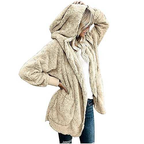 Flodxo Women's Coats Fuzzy Fleece Hoodie Long Cardigans for Women Uk Sherpa Fluffy Open Front Sweatshirts Long Sleeve Soft Teddy Plush Sweater Oversized Warm Winter Hooded Jacket Outwear