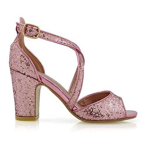 ESSEX GLAM Womens Strappy Sandals Block Mid Low Heel Sparkly Ladies Ankle Strap Glitter Party Evening Bridal Shoes Size 3-8