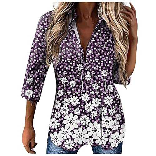 Women Summer Fashion Casual Three Quarter Sleeves V Neck Print Color Contrast Tops