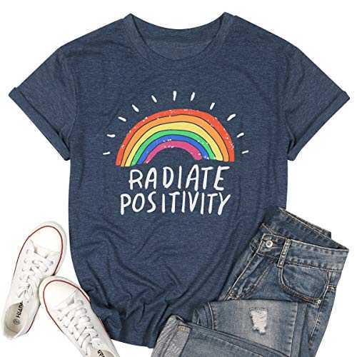 Women T Shirt Letter Printed Summer Tee Top Casual Short Sleeve Cotton Crew Neck Radiate Positivity Rainbow