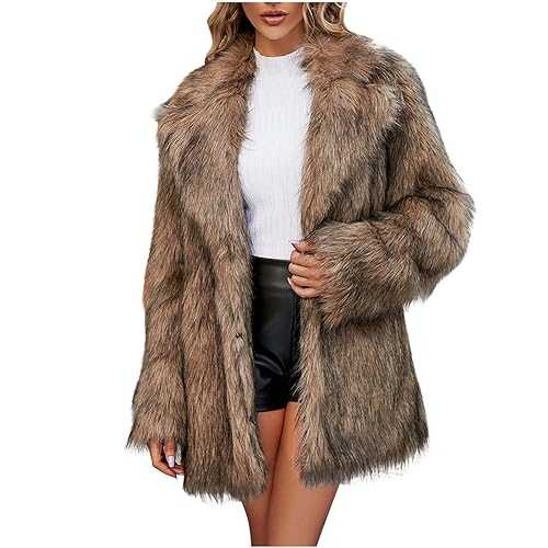 AMhomely Womens Winter Coats Casual Lapel Long Sleeve Fleece Faux Fur Jacket Balzer Style Oversized Windbreak Jacket Long Sleeve Big Turn Collar Trench Coats Plus Size Winter Furry Jacket