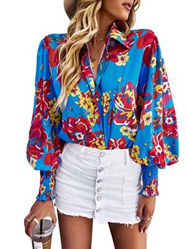 KAYWIDE Women's Fashion Casual Button Down Shirts Long Sleeve V Neck Chiffon Blouses Tropical Flower Ladies Tops and Blouses