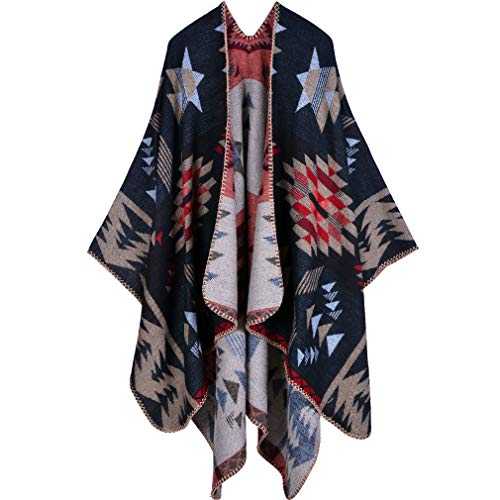Women Poncho Cape Open Front Spring Cardigan Lady Reversible Free Size Cape Printed Oversized Warm Wraps Checked Knitted Tartan Blanket Bohemia Long Geometric Pattern Shawl Coffee