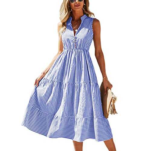 BROVAVE Womens 2023 Summer Sleeveless Shirt Dress Collar Striped V Neck Casual Midi Dresses