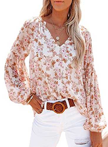 Women's Chiffon Blouse Casual Boho Floral Print V Neck Long Sleeve Stylish Tops Loose Blouses Shirts