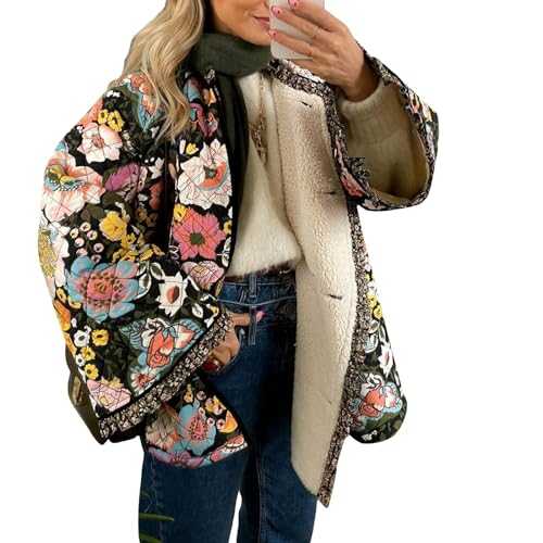 Barbotimer Women Winter Loose Quilted Jacket Floral Print Button Down Long Sleeve Padded Coat Warm Outwear