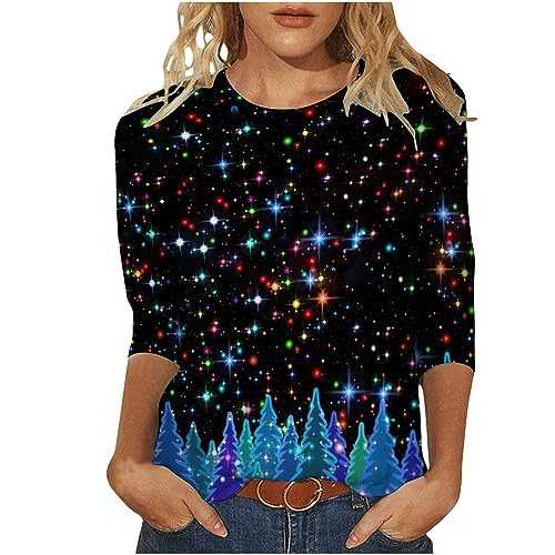 AMhomely Christmas T Shirts for Women UK Clearance Ladies Tops Fall Casual 3/4 Sleeve Loose Shirts Crewneck Xmas Tree Snowflake Elk Print Cute Blouse Graphic Tees Tunic Dressy Trendy Clothes