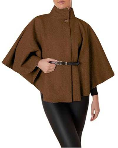Women's Cape Jacket with Belt, Ladies Plain Winter Warm Poncho Oversized Shawl Wrap Batwing Sleeve Fashionable Elegant Coat Sweater Open Front Button Party Wear Cardigan UK One Size 8-16