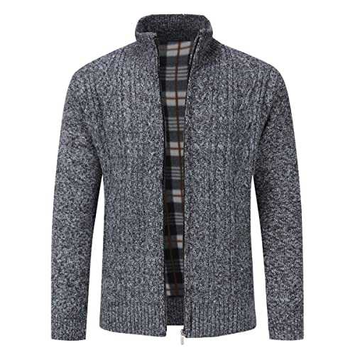 Sliktaa Mens Knitted Cardigan Thick Sweater Full Zip Stand Collar Warm Jumper Fleece Lined Winter Coat