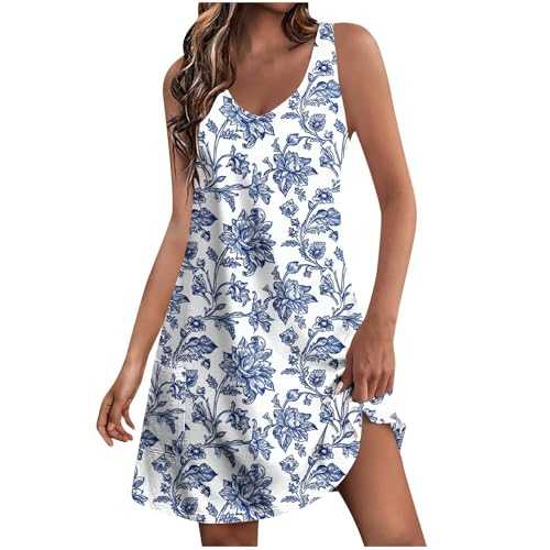 Womens Summer Dress with Pockets Ladies Casual Dresses Sleeveless V Neck Cotton Dresses Swing Midi Sundress Floral Print Beach Dress Knee Length Tank Dresses Plus Size Holiday Clothes