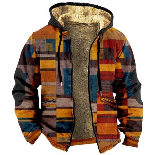 Splrit-MAN Jackets For Men Uk Patterned Print Fleece Lining Winter Jackets Zipped Hoodies With Pockets Thick Warm Military Jackets Basic Outdoor Jackets Sherpa Hoodie