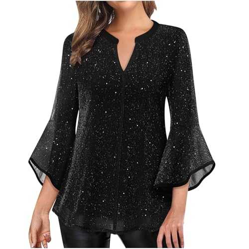 NSICBMNO Sequin Tops for Women UK V Neck T Shirts 3/4 Sleeve Tops Glitter Tops Elegant Party Tops Ruffle Blouses Ladies Flowy Tops Loose Blouses Sparkly Tops Evening Blouses Mesh Tops Sale Clarance