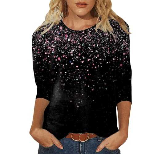Sequin Top Women's Elegant Tops New Year's Eve Aesthetic Blouse Sexy Vintage Long Sleeve Shirts Tunic Crew Neck Glitter Shirt Party Festive Top 3/4 Sleeve Wrap Blouse