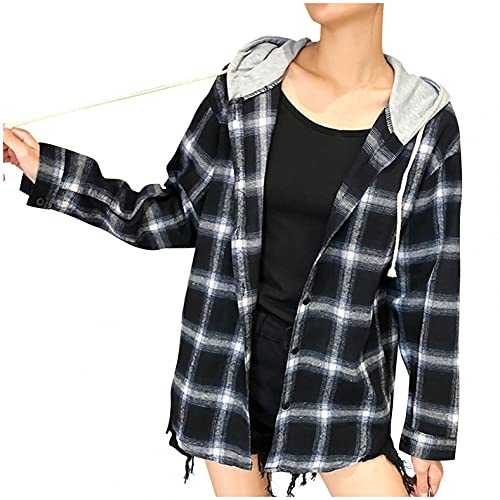 Hooded Jacket Ladies Checked Shacket With Hood Button Winter Long Sleeve Shirts Women Button Down Hoodies SIGOYI, XXS