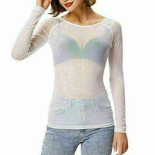 Womens Sheer Mesh Top Ladies Long Sleeve Stretchy See Through T Shirt Tops Plus