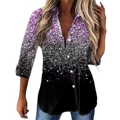 Skang Women's Summer Shirts UK Plus Size Casual Loose Fit Sequin Tops 3/4 Sleeve V Neck Tunic Tops Swing Curved Hem Blouses Fashion Button Down Collared T-Shirt