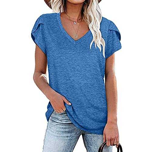 Mayntop Womens T-Shirt for Summer Tops Solid Colour Plain Short Sleeve Petal Sleeves Loose Fit Tee Blouse
