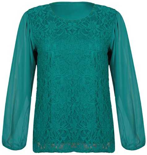 Womens Chiffon Sheer Lace Mesh Full Sleeve Ladies Round Neck Stretch Lined Floral Blouse Top Plus Size