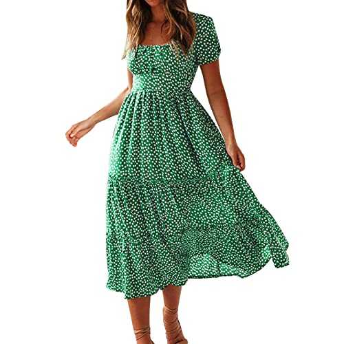 Celucke Summer Outfits for Women UK, Women Square Neck Short Sleeve Casual Dress Floral Summer Beach High Waist Ruffle Aline Midi Dresses, Short Sleeve Dresses for Women, Occasion Dresses for Women