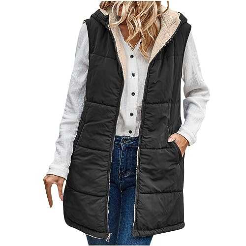 Womens Fleece Vests Sleeveless Fluffy Fuzzy Gilet UK Clearance Zip Up Fur Lined Hoodie Pockets Long Warm Winter Outerwear Ladies Sherpa Teddy Hooded Coat Waistcoat Body Warmer Gilets