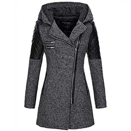Women's Winter Hooded Pea Coat Warm Wool Blend Trench Outwear Slim Long Sleeve Plus Size Mid-Long Jacket Overwear