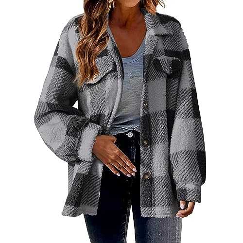 Checked Jacket Women's Winter Lined Warm Teddy Plush Coat Sherpa Winter Jacket Long Elegant Faux Fur Coat Casual Outdoor Winter Coat Large Sizes Fleece Coat Baggy Comfortable Women's Coat