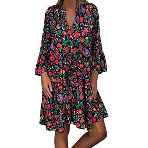 Plus Size Women's Boho Dress UK Clearance Summer 3/4 Sleeve Button Down V Neck Midi Dress Floral Print Beach Sundresses