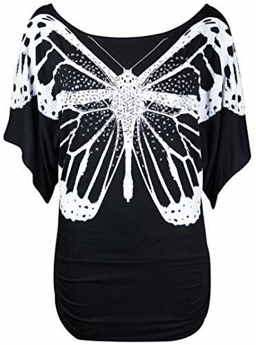 Purple Hanger New Ladies Glitter Sequined Butterfly Printed Tops Womens Batwing Short Sleeve Stretch Fit T-Shirt Top