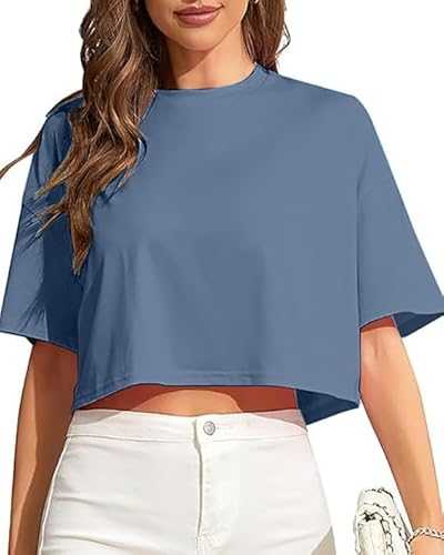 Womens Workout Cropped T Shirts Short Sleeve Drop Shoulder Tees Round Neck Loose Fit Basic Solid Crop Tops