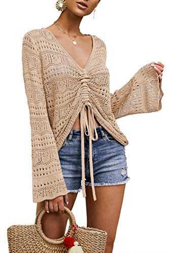 Saodimallsu Womens Boho Off Shoulder Sheer Crop Tops Bell Sleeve Flowy Oversized Crochet Ruched Jumpers