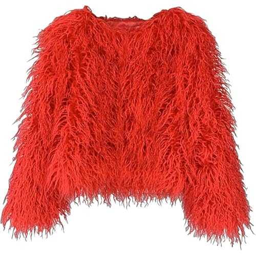 Qolkmuiy-GJ Womens Winter Fluffy Faux Fur Coat Solid Color Shaggy Plush Tassels Outwear Collarless Long Sleeved Furry Jacket