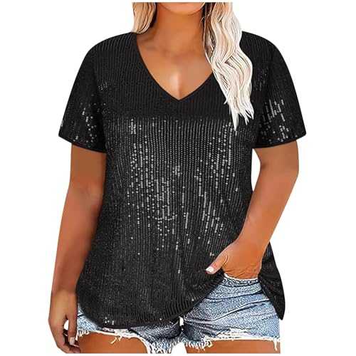 Sequin T-Shirts for Women UK Sale Clearance Ladies Tops Sexy Sparkle Glitter Shirt Going Out Loose Tops Fashion Elegant Party Solid Short Sleeve V Neck Blouse Top Large Size XL-XXXL