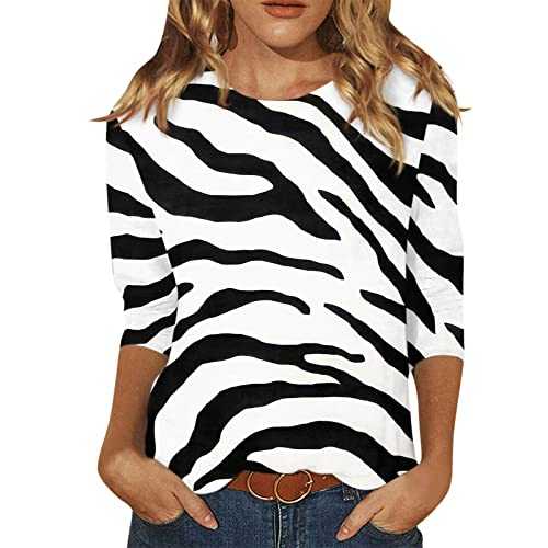 Womens T-Shirt Zebra Print T Shirts 3/4 Length Sleeve Tee Tops Loose Casual Tunic Tops Round Neck Loungewear Stretch T-Shirts Soft Sweatshirt Sportswear Streetwear Stretch T Shirt Summer
