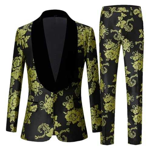 BoShiNuo Latest Coat Pant Slim Fit Party Wedding Suits for Men Yellow Jacquard Shawl Lapel Groom Tuxedos Costume